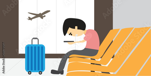 Businessman or manager missed a plane and very upset. Vector illustration EPS 10.
