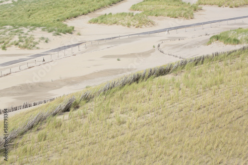 Plank footpath through the dunes seen from above
