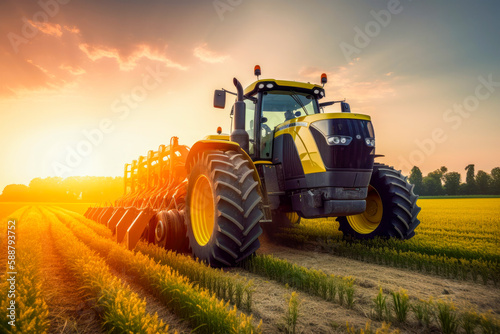 Canvastavla Yellow tractor driving across a large field for harvesting crop in countryside