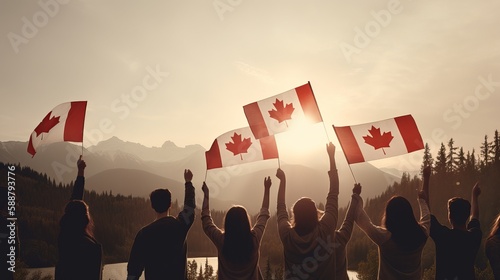 July 1st - Happy Canada day illustration of People with Canada flag, Generative ai photo