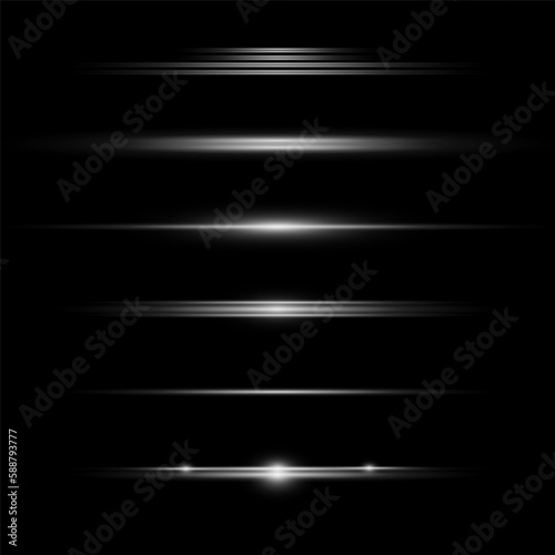 A set of horizontal highlights. Laser beams, horizontal light beams. Beautiful light flashes. Glowing stripes on a dark background.