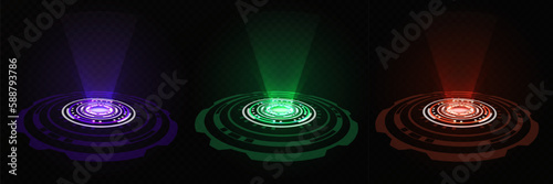 Color hologram portal. Magic fantasy portal. Magic circular podium for teleportation with a hologram effect.