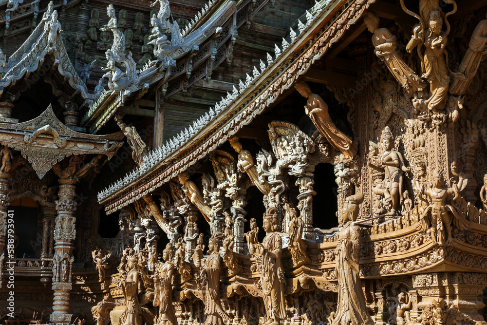 Beautiful Wooden Figures and Statues in the Sanctuary of Truth in Pattaya, Thailand