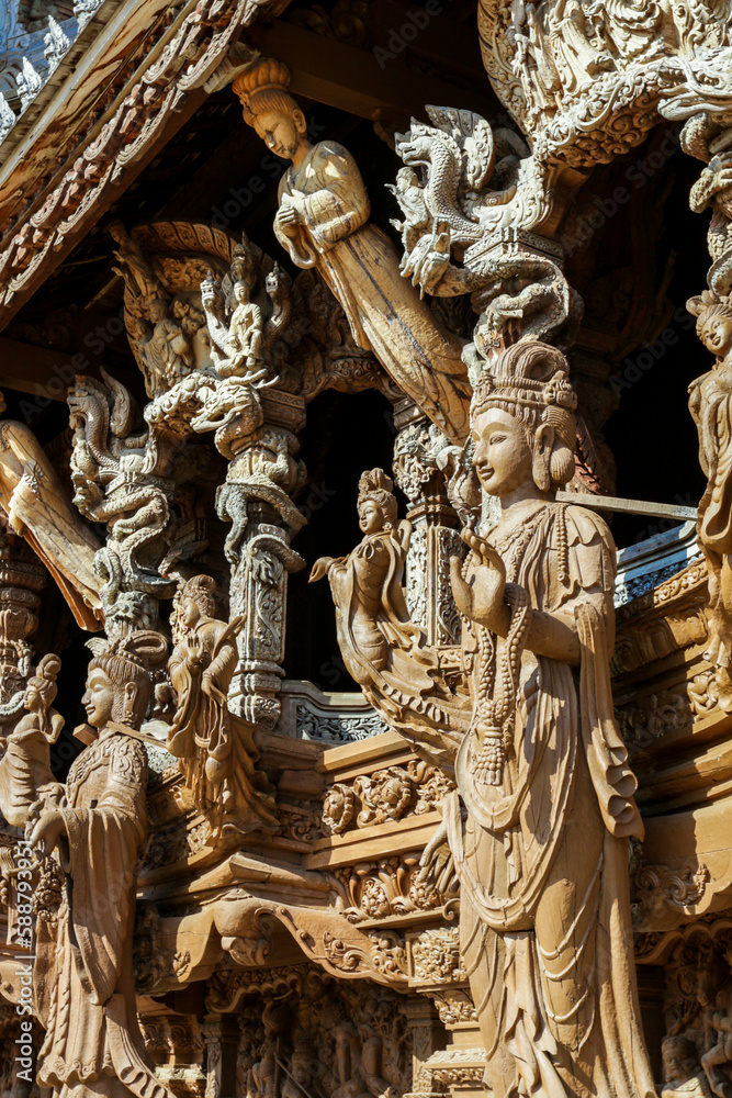 Beautiful Wooden Figures and Statues in the Sanctuary of Truth in Pattaya, Thailand