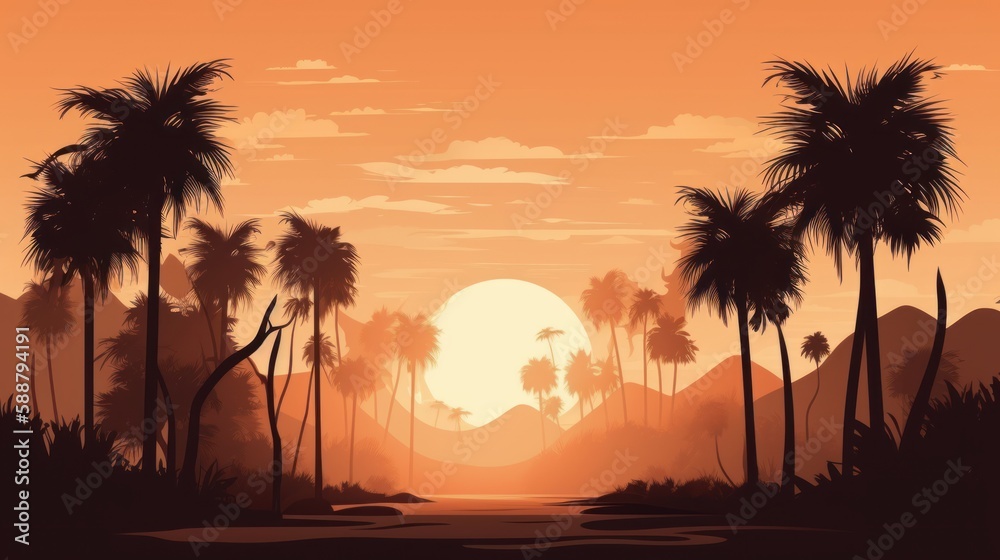 Sunset with palm trees, beach, nature, illustration, vector