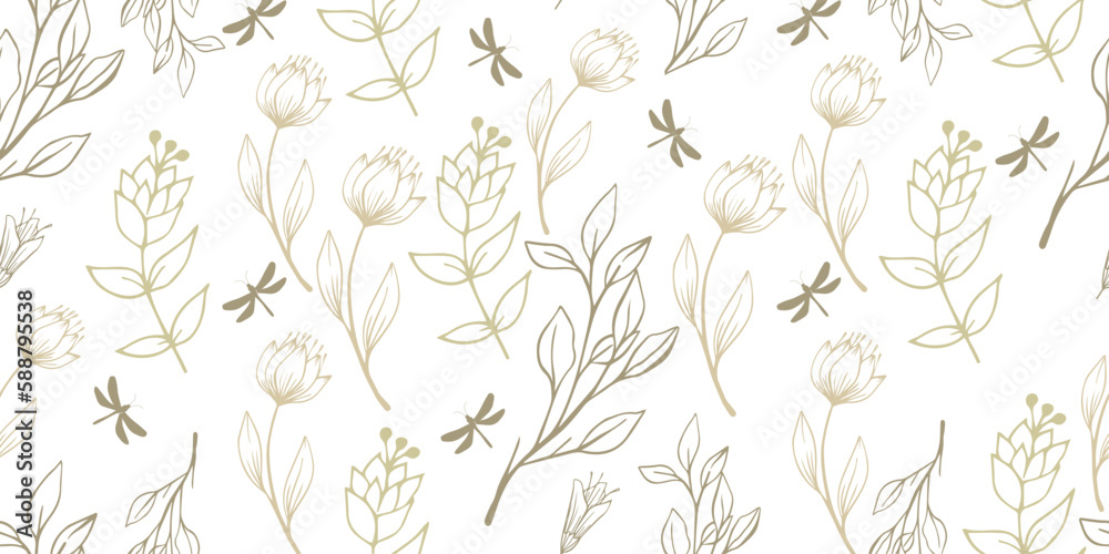 Seamless botanical pattern of tulips and meadow grass branches. Hand drawing.Ideal for printing on fabrics and textiles, bed linen.