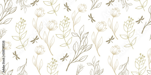 Seamless botanical pattern of tulips and meadow grass branches. Hand drawing.Ideal for printing on fabrics and textiles  bed linen.