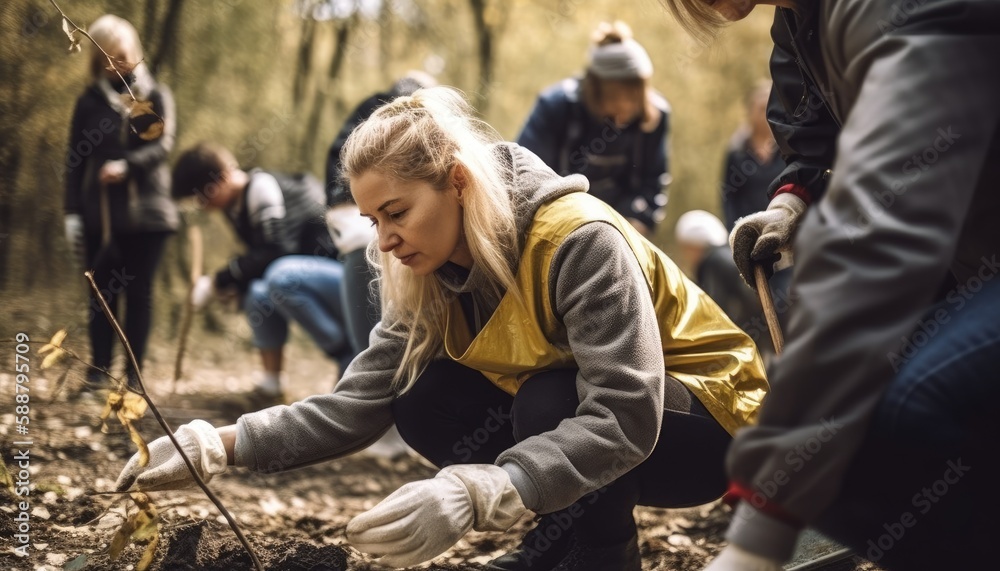 A person planting trees or flowers, contributing to the global effort to reforest and restore natural habitats. Generative AI