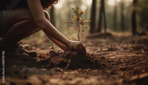 A person planting trees or flowers, contributing to the global effort to reforest and restore natural habitats. Generative AI