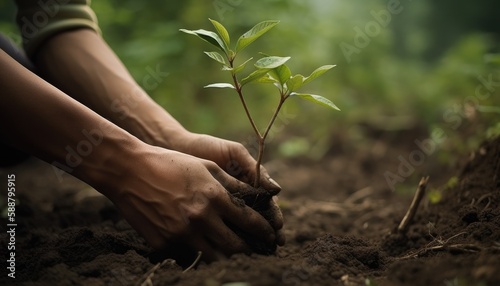 A person planting trees or flowers, contributing to the global effort to reforest and restore natural habitats. Generative AI