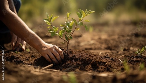 A person planting trees or flowers, contributing to the global effort to reforest and restore natural habitats. Generative AI