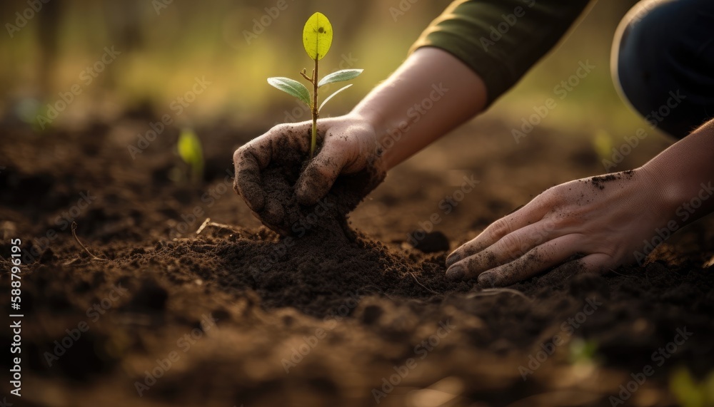 Fototapeta premium A person planting trees or flowers, contributing to the global effort to reforest and restore natural habitats. Generative AI
