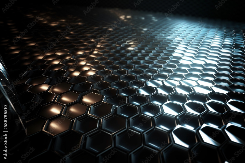Obraz premium Beautiful metal hexagonal futuristic abstract shapes wallpaper background design texture pattern. Decorative metallic design decoration. Ai generated