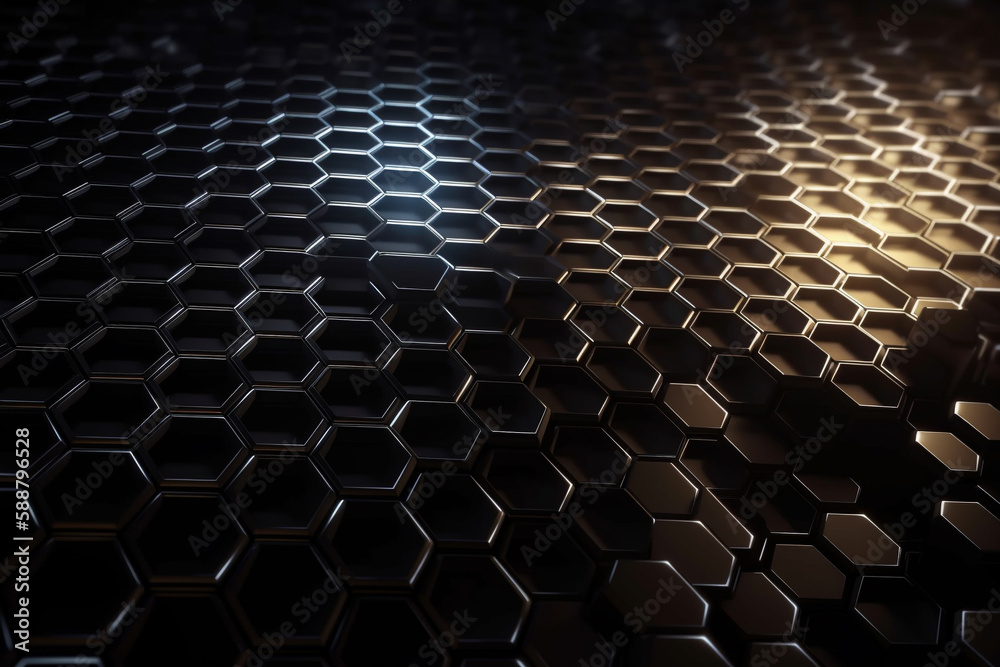 Obraz premium Beautiful metal hexagonal futuristic abstract shapes wallpaper background design texture pattern. Decorative metallic design decoration. Ai generated