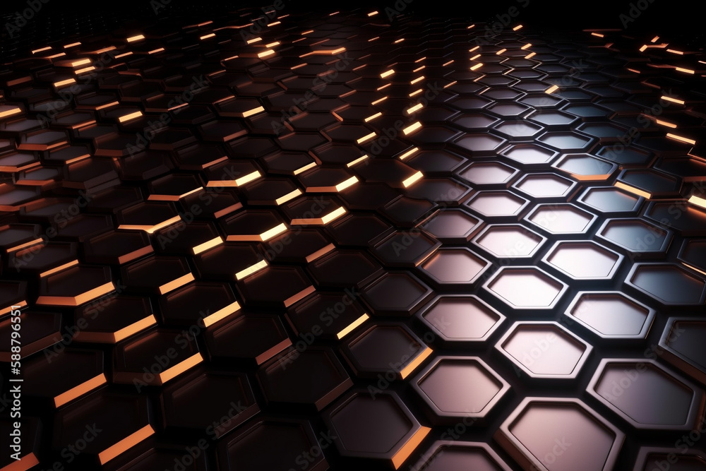 Fototapeta premium Beautiful metal hexagonal futuristic abstract shapes wallpaper background design texture pattern. Decorative metallic design decoration. Ai generated