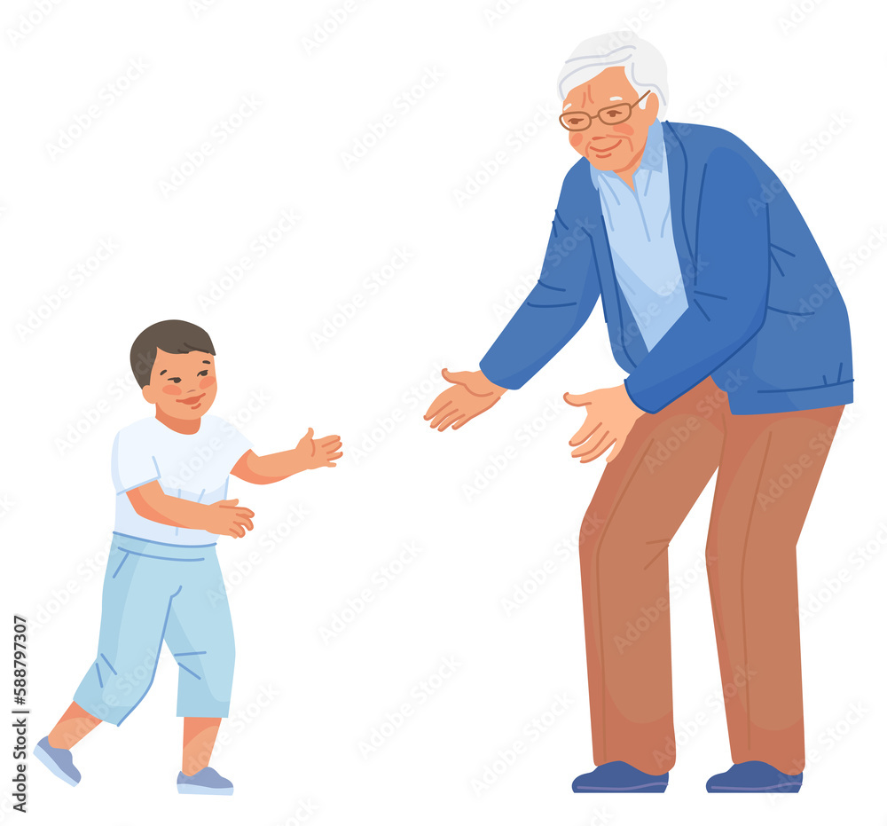 Old man playing with little boy. Happy kid with grandfather Old man playing with little boy. Happy kid with grandfather