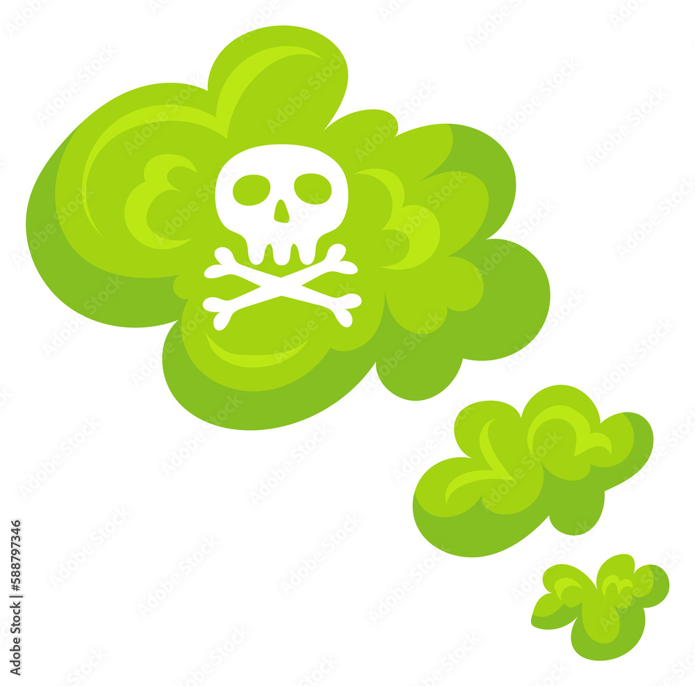 Naklejka premium Green smoke with skull sign. Cartoon toxic cloud