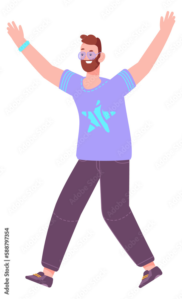 Happy man in disco glasses. Party person with raised hands Happy man in disco glasses. Party person with raised hands