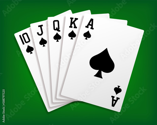 Royal Flush. A poker hand of a royal flush in spades. Spades Royal Flush. Card fan on a green background. Vector clipart.