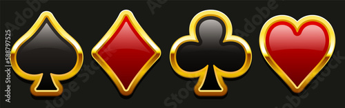 Card suits. Suit badge in gold frame. Vector suits isolated on black background.