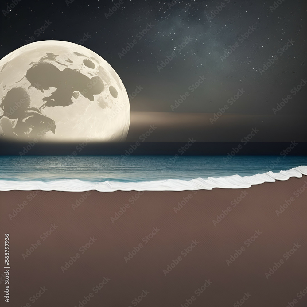 full moon over sea - Starry sky and full moon on the beach landscape