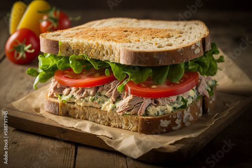 Generative AI image of the tuna melt sandwich. It is the ultimate melted sandwich with a tuna fish mixture, slices of cheddar cheese, sliced tomatoes all melted together