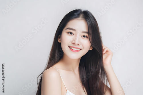Fotografiet Portrait of Beautiful Asian Woman with her Smooth skin look at camera on White background in Studio light