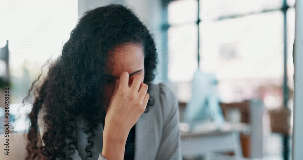 Headache, computer and tired with woman in office for frustrated, stress and burnout. Mental health, fatigue and exhaust with employee and migraine in startup for entrepreneur, overworked and problem Headache, computer and tired with woman in office for frustrated, stress and burnout. Mental health, fatigue and exhaust with employee and migraine in startup for entrepreneur, overworked and problem