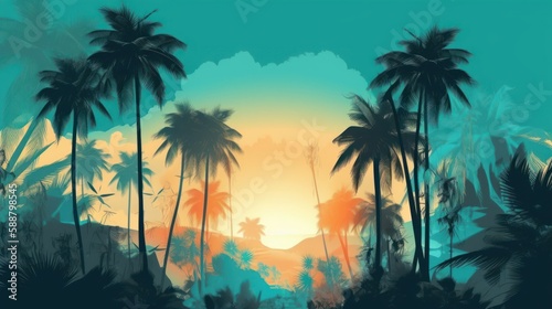 Sunset with palm trees  beach  nature  illustration  vector