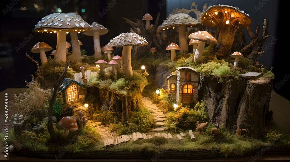  a forest that is filled with magical elements, such as glowing mushrooms, talking trees, and hidden fairy doors.