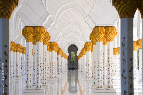 Sheikh Zayed Grand Mosque in Abu Dhabi. Details of the amazing architecture and painted columns from the interior courtyard of this impressive landmark from EAU.