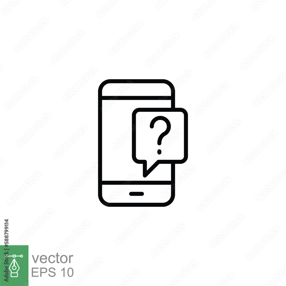 Phone question icon. Smartphone, question mark, speech bubbles, chat concept. Simple outline style. Thin line symbol. Vector illustration isolated on white background. EPS 10. Phone question icon. Smartphone, question mark, speech bubbles, chat concept. Simple outline style. Thin line symbol. Vector illustration isolated on white background. EPS 10.