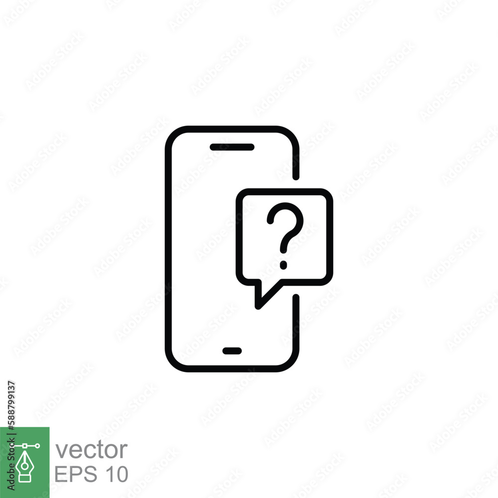 Phone question icon. Smartphone, question mark, speech bubbles, chat concept. Simple outline style. Thin line symbol. Vector illustration isolated on white background. EPS 10. Phone question icon. Smartphone, question mark, speech bubbles, chat concept. Simple outline style. Thin line symbol. Vector illustration isolated on white background. EPS 10.