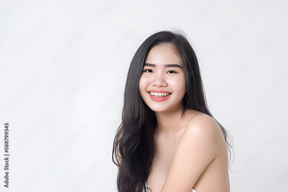 Long Hair Japanese Girl Teenager smiles at the Camera on White Background with studio light. generative AI Long Hair Japanese Girl Teenager smiles at the Camera on White Background with studio light. generative AI