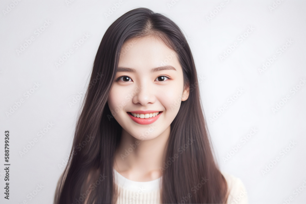 Long Hair Japanese Girl Teenager smiles at the Camera on White Background with studio light. generative AI Long Hair Japanese Girl Teenager smiles at the Camera on White Background with studio light. generative AI