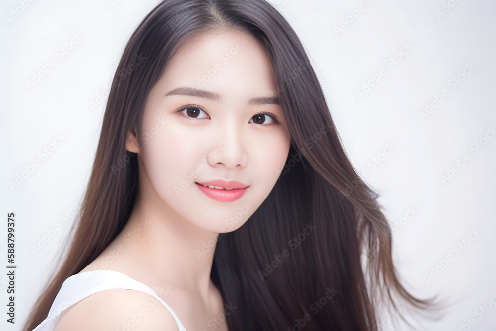 Long Hair Japanese Girl Teenager smiles at the Camera on White
