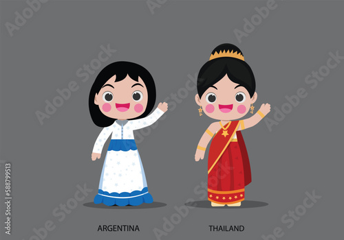 Argentina girls in national dress. Set of Brunei  woman dressed in national clothes. Vector flat illustration.