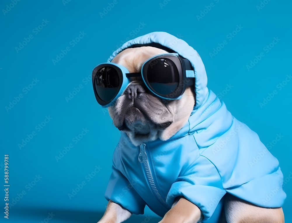 Pug dog with fashionable dressing, wearing eyeglasses.