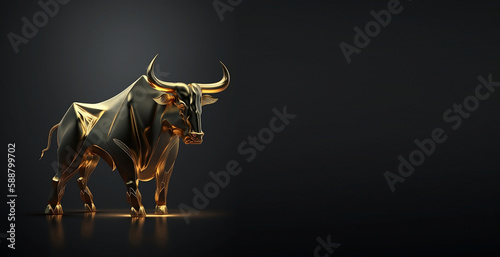 Black and gold crypto bull statuette isolated on a black banner. Symbol of financial growth in a technological style. Place for text. Generative AI