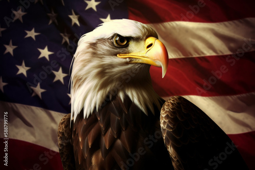 Eagle in front of a usa stars and stripes flag. Generative ai