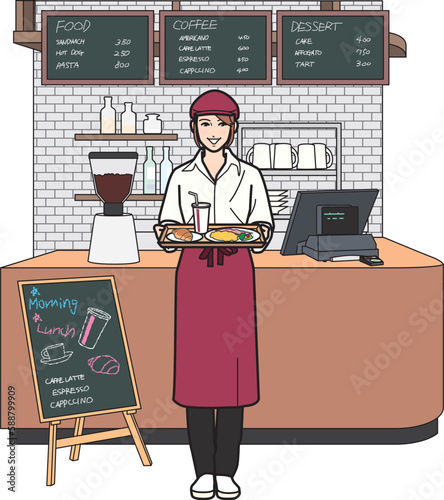 カフェ　女性店員　運ぶ　全景