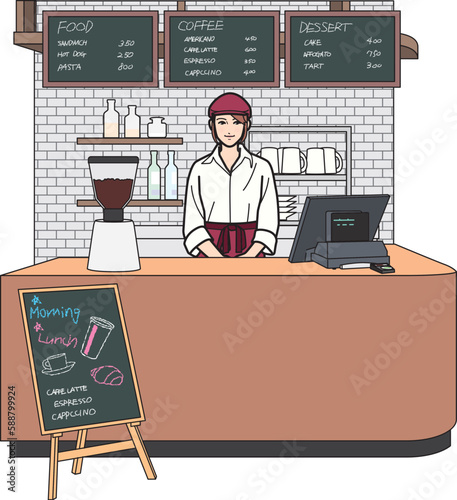 カフェ　女性店員　全景