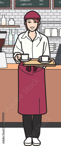 カフェ　女性店員　コーヒーを渡す　店内
