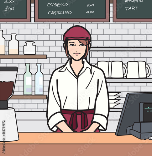 カフェ　女性店員　店内