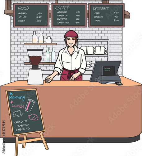 カフェ　女性店員　すすめる　全景