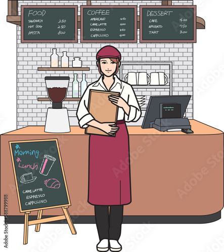 カフェ　女性店員　トレーを抱える　全景
