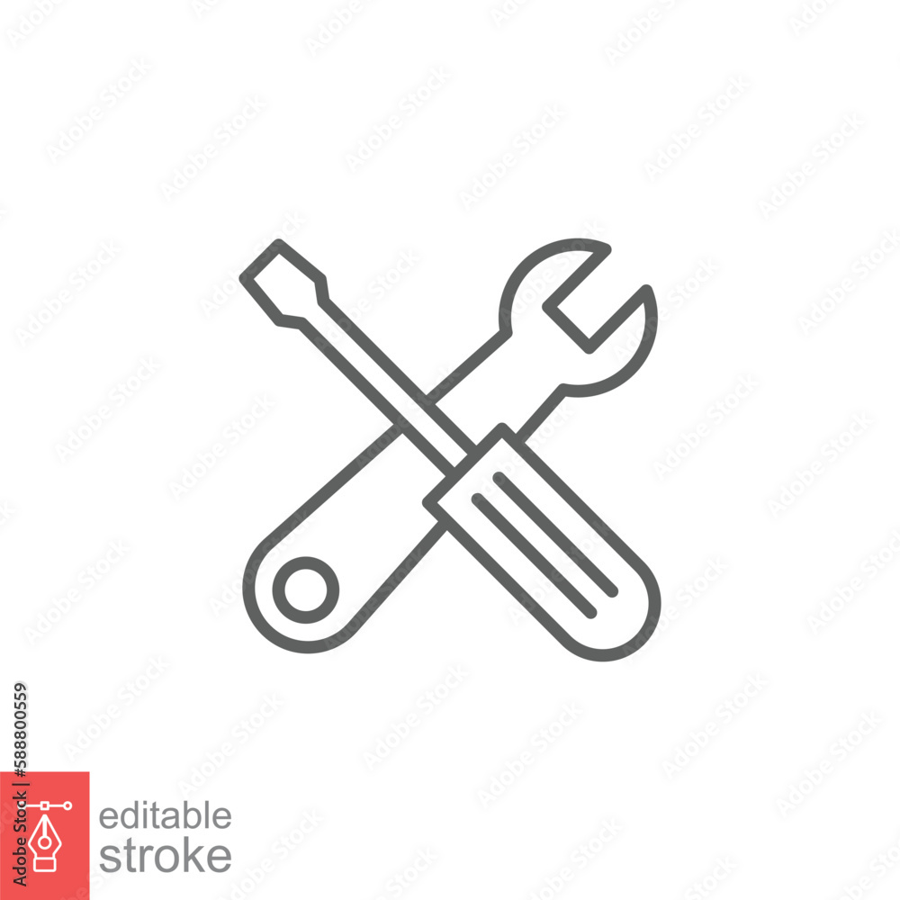 Maintenance icon. Wrench and screwdriver crossed construction tools, fix, repair concept. Simple outline style. Line symbol. Vector illustration isolated on white background. Editable stroke EPS 10. Maintenance icon. Wrench and screwdriver crossed construction tools, fix, repair concept. Simple outline style. Line symbol. Vector illustration isolated on white background. Editable stroke EPS 10.