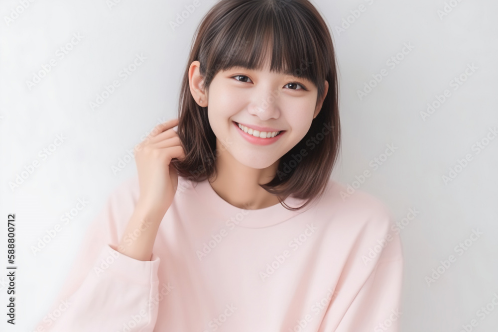 Pajamas on a Beautiful Asian Japanese Girl 16-30 years old, looks at the camera on White Background. generative AI Pajamas on a Beautiful Asian Japanese Girl 16-30 years old, looks at the camera on White Background. generative AI