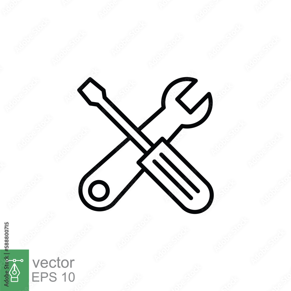 Maintenance icon. Wrench and screwdriver crossed construction tools, fix, repair concept. Simple outline style. Thin line symbol. Vector illustration isolated on white background. EPS 10. Maintenance icon. Wrench and screwdriver crossed construction tools, fix, repair concept. Simple outline style. Thin line symbol. Vector illustration isolated on white background. EPS 10.