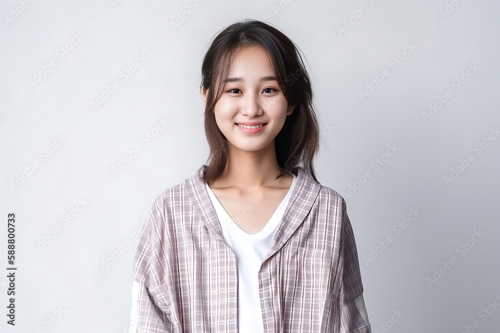 Pajamas on a Beautiful Asian Japanese Girl 16-30 years old, looks at the camera on White Background. generative AI Pajamas on a Beautiful Asian Japanese Girl 16-30 years old, looks at the camera on White Background. generative AI